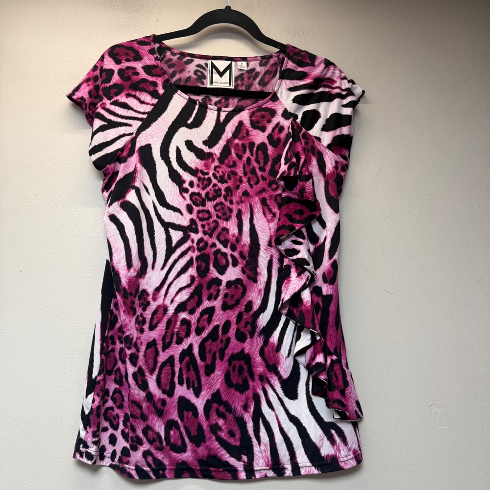 Marc Bouwer Ruffle Blouse Womens Medium Pink Animal Print Excellent Cap Sleeve